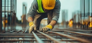 A construction worker in a yellow hard hat and reflective vest is kneeling on a construction site, carefully arranging steel rebar.
